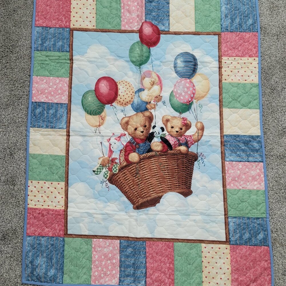 Bears In a Basket Baby Quilt approx 45" X 35"   NEW